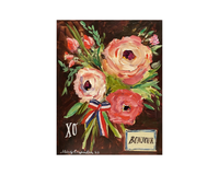 Vibrant floral painting featuring pink and peach flowers, green leaves, and a ribbon with red, white, and blue stripes, with the words 'Bonjour' and 'XO' artistically written