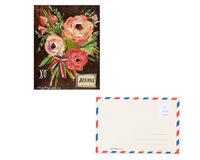 Artistic floral painting featuring pink and peach flowers, green leaves, and a ribbon with 'Bonjour' text, accompanied by the back of the postcard with red and blue border