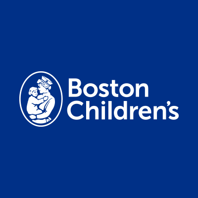 Boston Children's Hospital logo with a white illustration of a doctor holding a child on a blue background. Renowned pediatric hospital specializing in child healthcare and medical research.