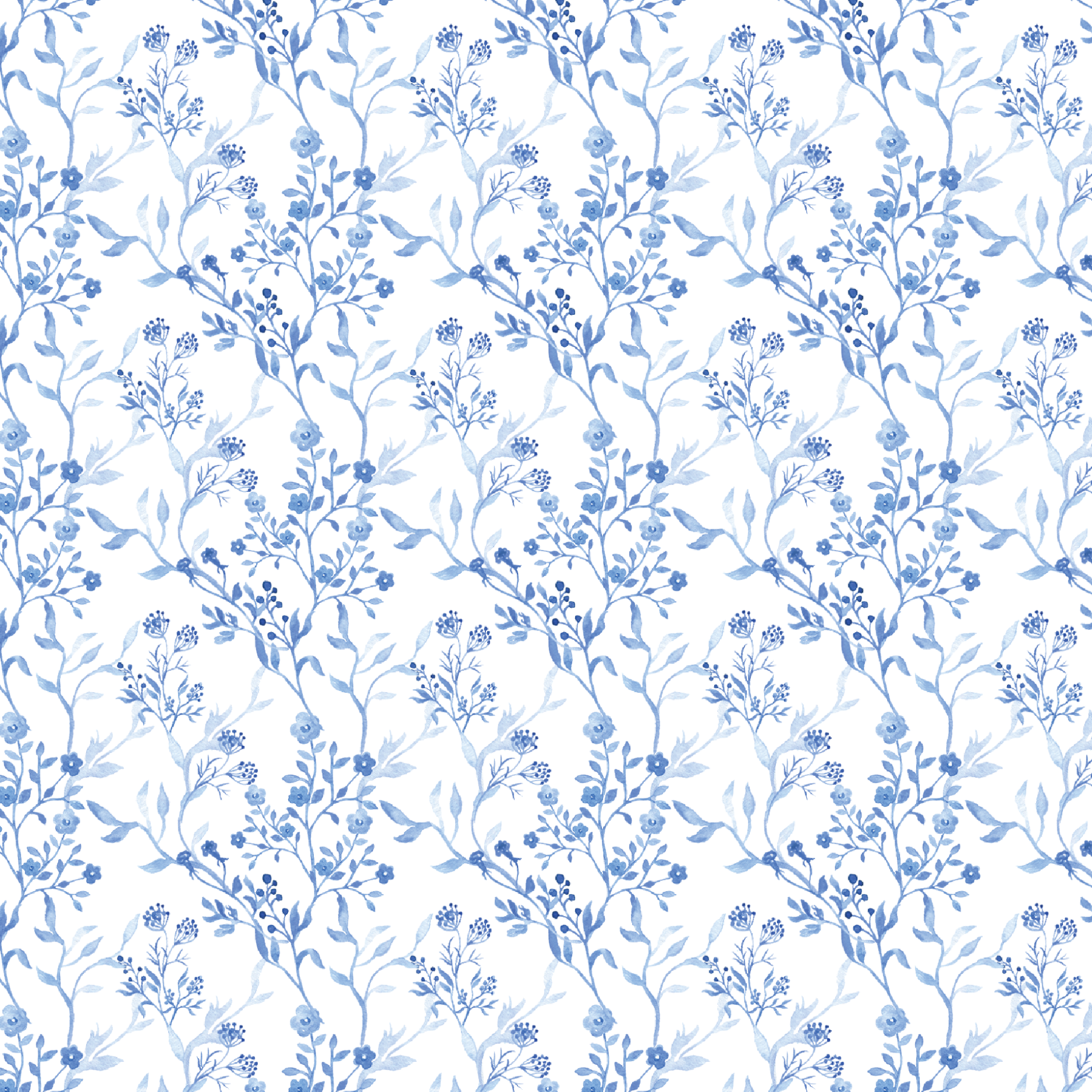 A repeating pattern featuring blue floral vines on a white background. The design showcases delicate branches with small flowers and leaves, arranged in an elegant, continuous pattern.