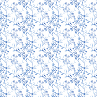 A repeating pattern featuring blue floral vines on a white background. The design showcases delicate branches with small flowers and leaves, arranged in an elegant, continuous pattern.