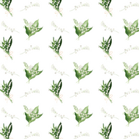 A repeating pattern featuring bouquets of lily of the valley flowers and lush greenery. Set against a white background, the design is simple yet elegant, with small clusters of flowers tied with delicate ribbons.