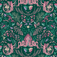 A rich, dark green background adorned with an elaborate floral pattern and mythical creatures. The design features pink and purple flowers, ferns, and whimsical characters, creating a mystical and enchanting scene.