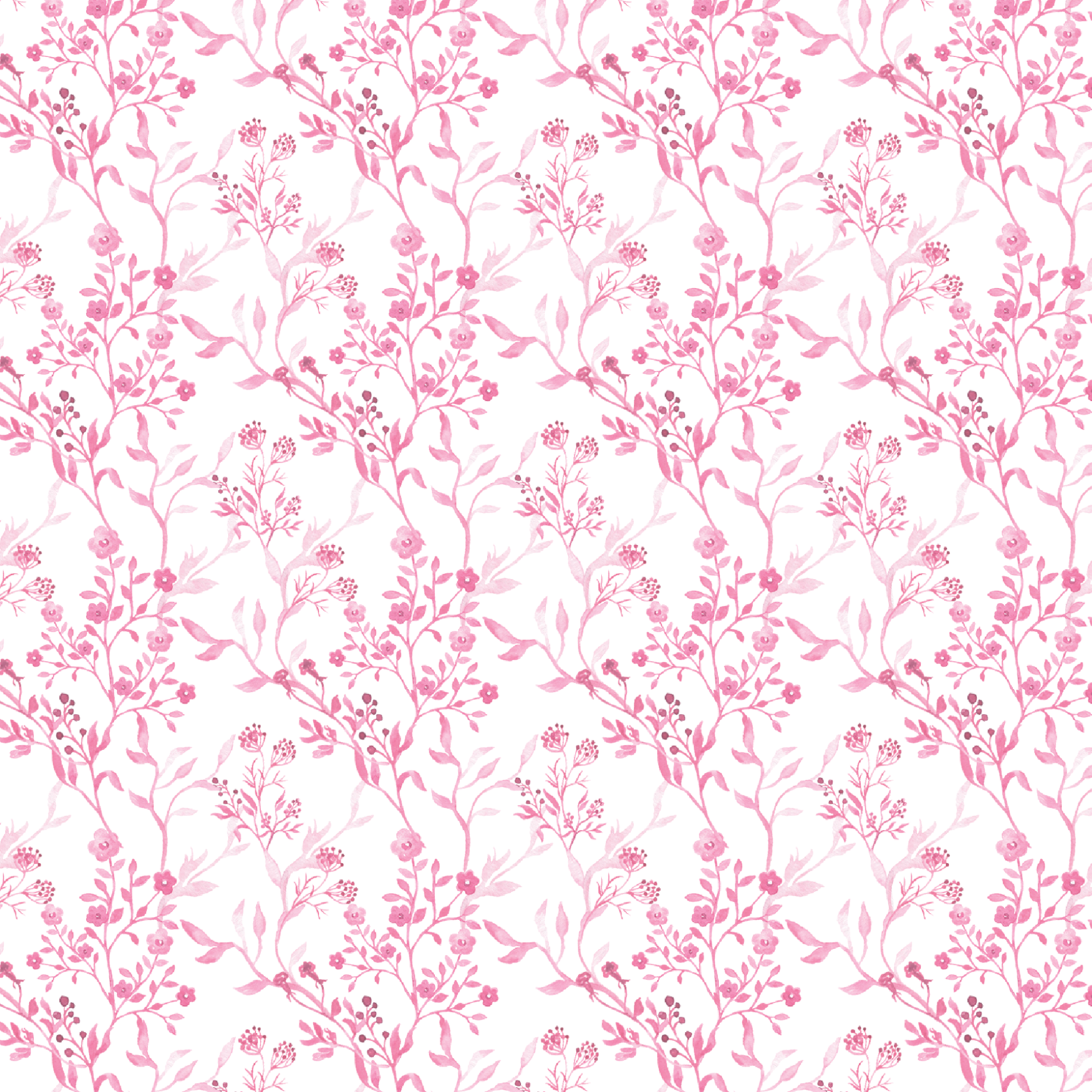 A soft pink floral vine pattern on a white background. The design includes intricately drawn branches with tiny flowers and leaves, forming a seamless, feminine motif.