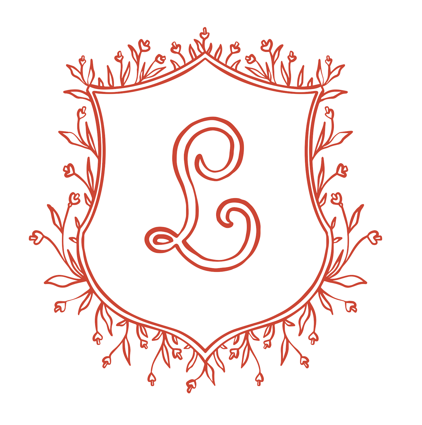  A classic monogram shield featuring the letter "L" in the center, bordered by a detailed arrangement of red flowers and leaves. The design combines elegance with a touch of vintage charm, highlighting the floral elements beautifully.