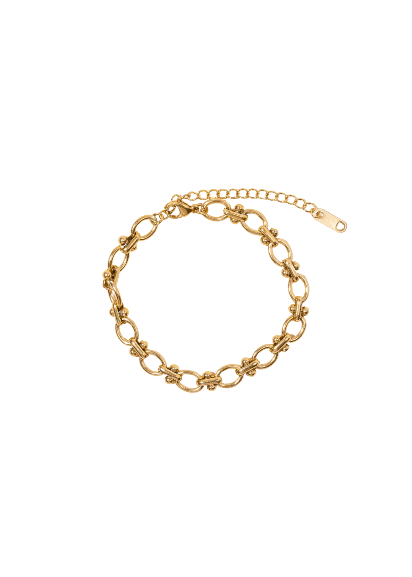 18K gold dip stainless steel chain link bracelet from The Kennebunkport, featuring a versatile design for any event. Adjustable to approximately 6.3 inches with a 2-inch extender for a perfect fit, combining sophistication and durability