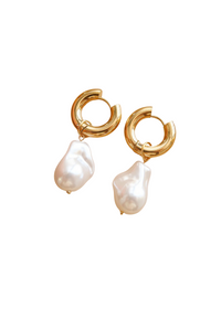 1 x 0.6-inch Greenwich Oceana Gold Statement Large Pearl Earrings with 18K gold plating. Non-tarnish, stainless steel huggie droplet design for lasting radiance and versatile style