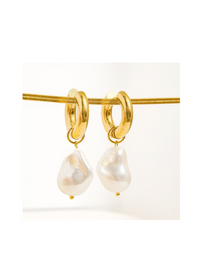 1 x 0.6-inch Greenwich Oceana Gold Statement Large Pearl Earrings with 18K gold plating. Non-tarnish, stainless steel huggie droplet design for lasting radiance and versatile style