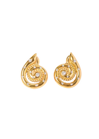 14K gold PV plated earrings with a vintage button design, hammered and puffy finish. Hypoallergenic stainless steel with hand-set crystals, featuring a snail, conch, and beach-inspired motif. Waterproof and long-lasting