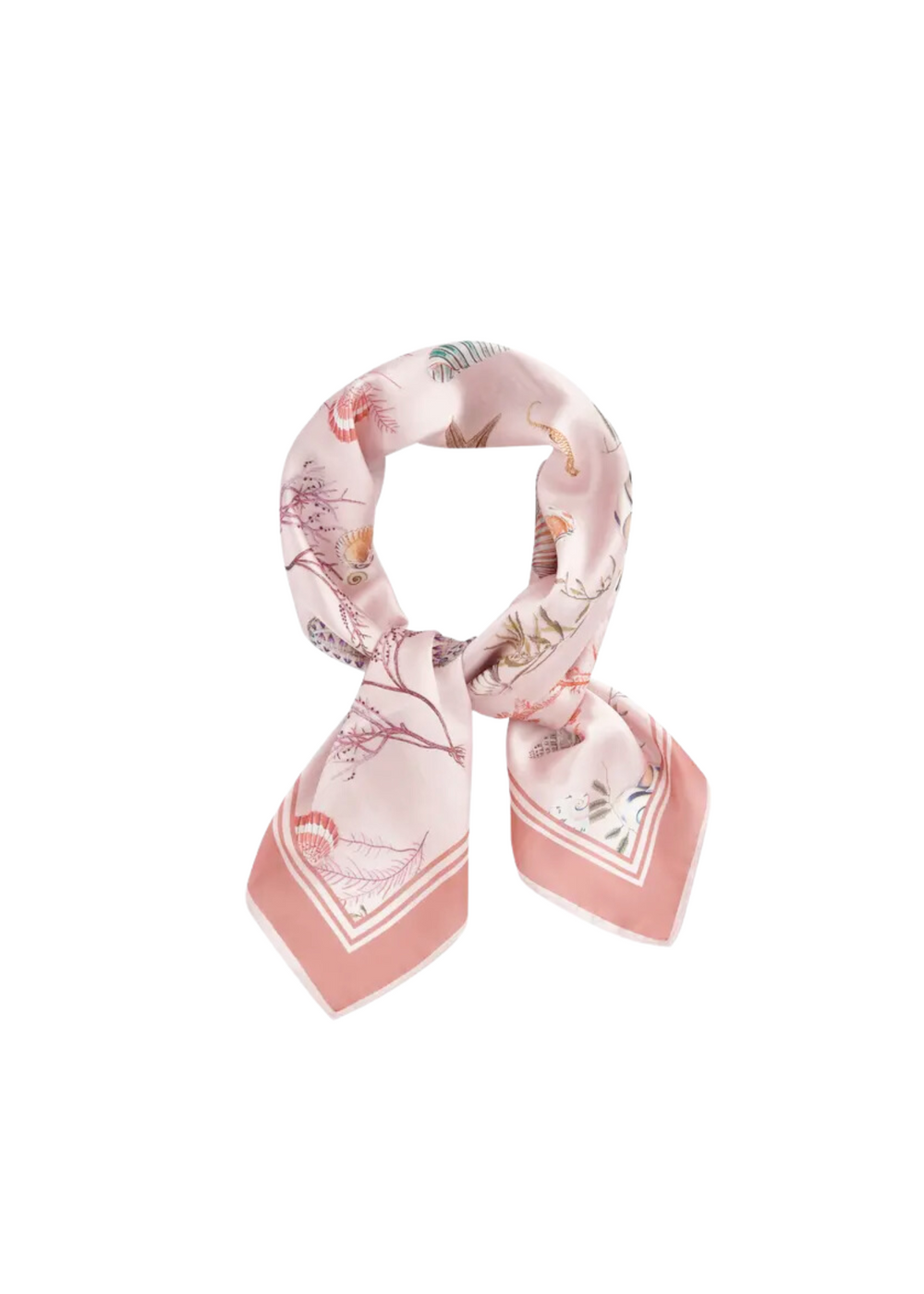 70 x 70 cm Fable Lotus Pink Square Scarf from The Garden Party, featuring a vintage-inspired print reminiscent of seaside visits and shell collecting. Made from silky soft recycled polyester, this scarf combines timeless feminine design with a retro feel, resembling real silk