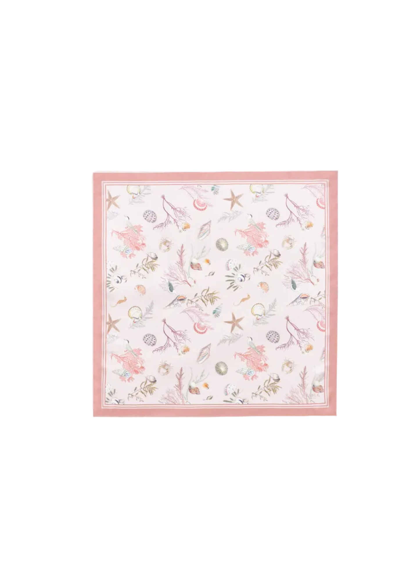 70 x 70 cm Fable Lotus Pink Square Scarf from The Garden Party, featuring a vintage-inspired print reminiscent of seaside visits and shell collecting. Made from silky soft recycled polyester, this scarf combines timeless feminine design with a retro feel, resembling real silk