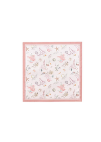 70 x 70 cm Fable Lotus Pink Square Scarf from The Garden Party, featuring a vintage-inspired print reminiscent of seaside visits and shell collecting. Made from silky soft recycled polyester, this scarf combines timeless feminine design with a retro feel, resembling real silk