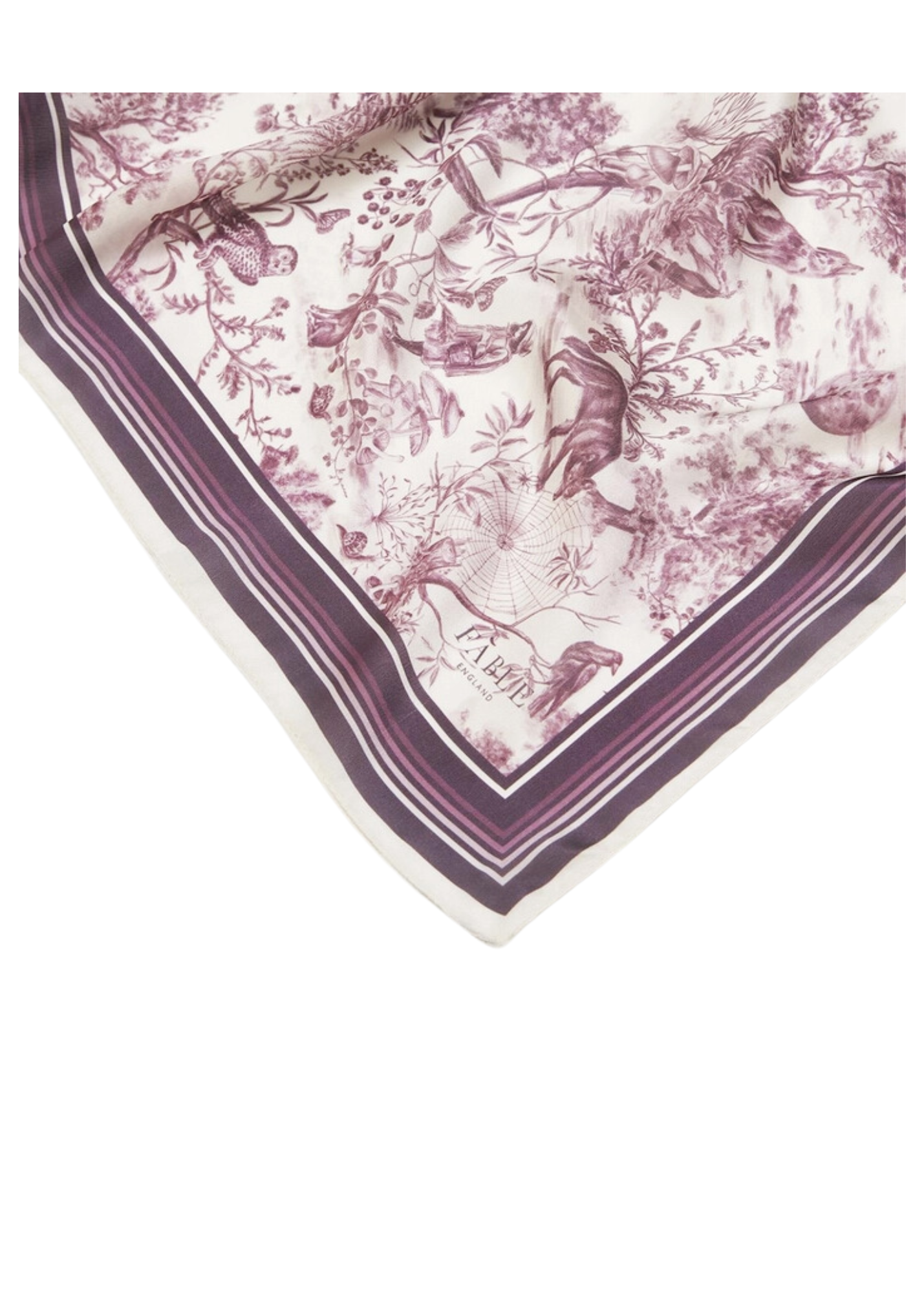 Close-up of a luxury scarf corner featuring a detailed purple and white pattern with botanical and wildlife illustrations, bordered by purple stripes for an elegant touch.