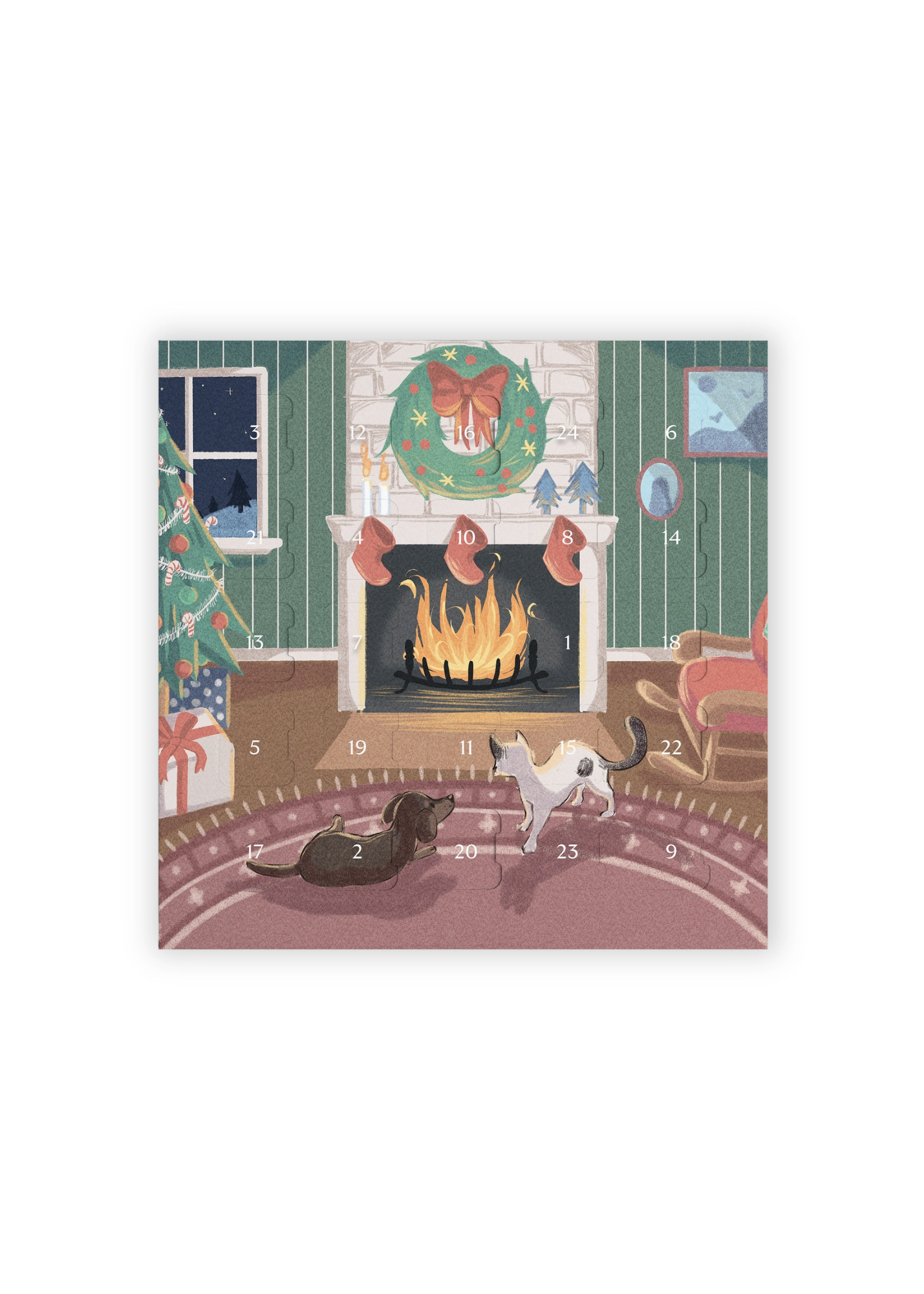 Interior of McCrea's caramel advent calendar showing numbered doors in a warm holiday scene with a fireplace, Christmas tree, and pets