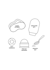 Diagram of spa kit contents: sherpa eye mask, exfoliator mitt, silky scrunchie, pink salt massager, and pink bath salt.