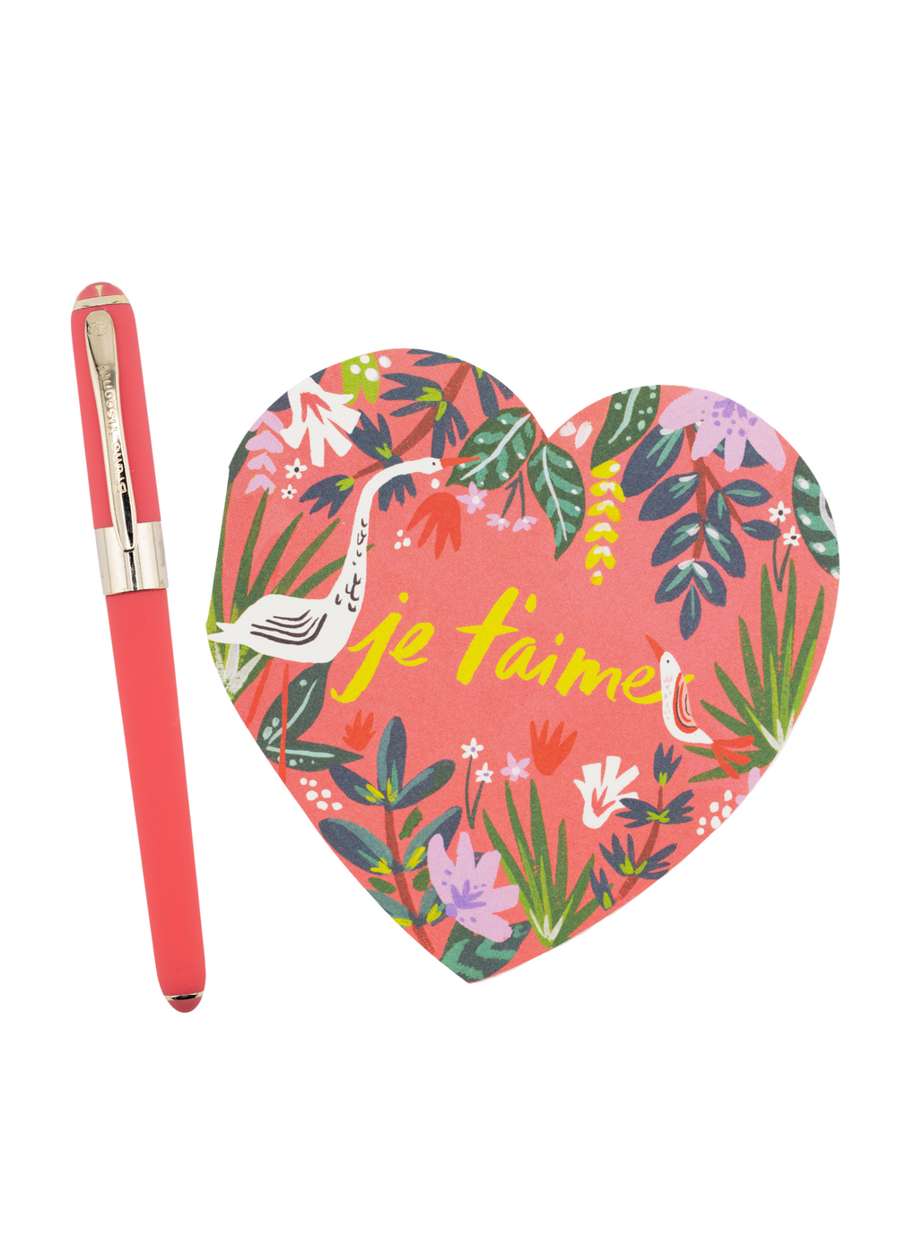 The Swan Lake set includes the Je T'aime Jungle Diecut Card with a hand-painted jungle scene and a matching envelope, exuding charm and elegance. Paired with the Coral Monaco Pen featuring black ink and a 0.5mm fine point for smooth, effortless writing. 