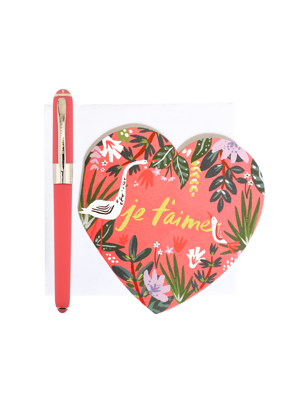 The Swan Lake set includes the Je T'aime Jungle Diecut Card with a hand-painted jungle scene and a matching envelope, exuding charm and elegance. Paired with the Coral Monaco Pen featuring black ink and a 0.5mm fine point for smooth, effortless writing. 