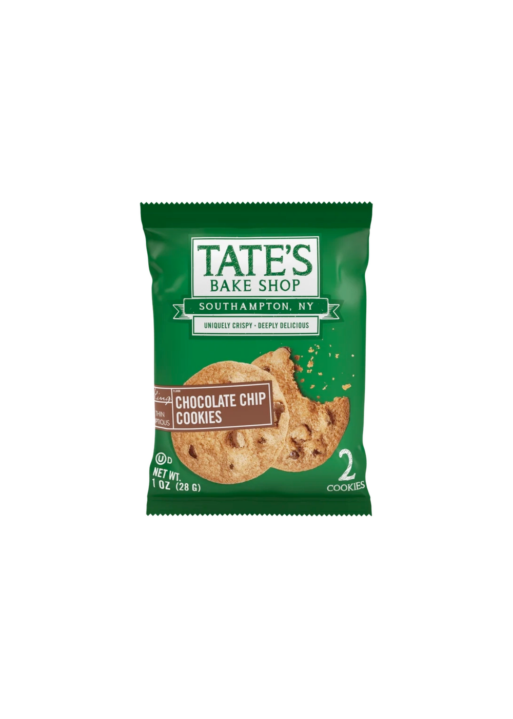 Tate's Bake Shop chocolate chip cookies in green packaging from Southampton, NY.