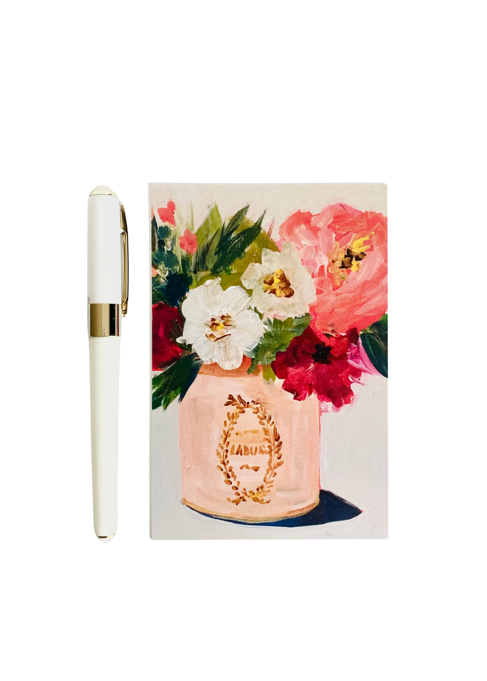 The Monet set from the Flower Show collection features a Ladurée floral postcard and a white ballpoint pen from the BV by Bruno Visconti Collection. The pen offers a fine point and soft touch for smooth, precise writing with black ink, adding sophistication and charm to your notes and sketches