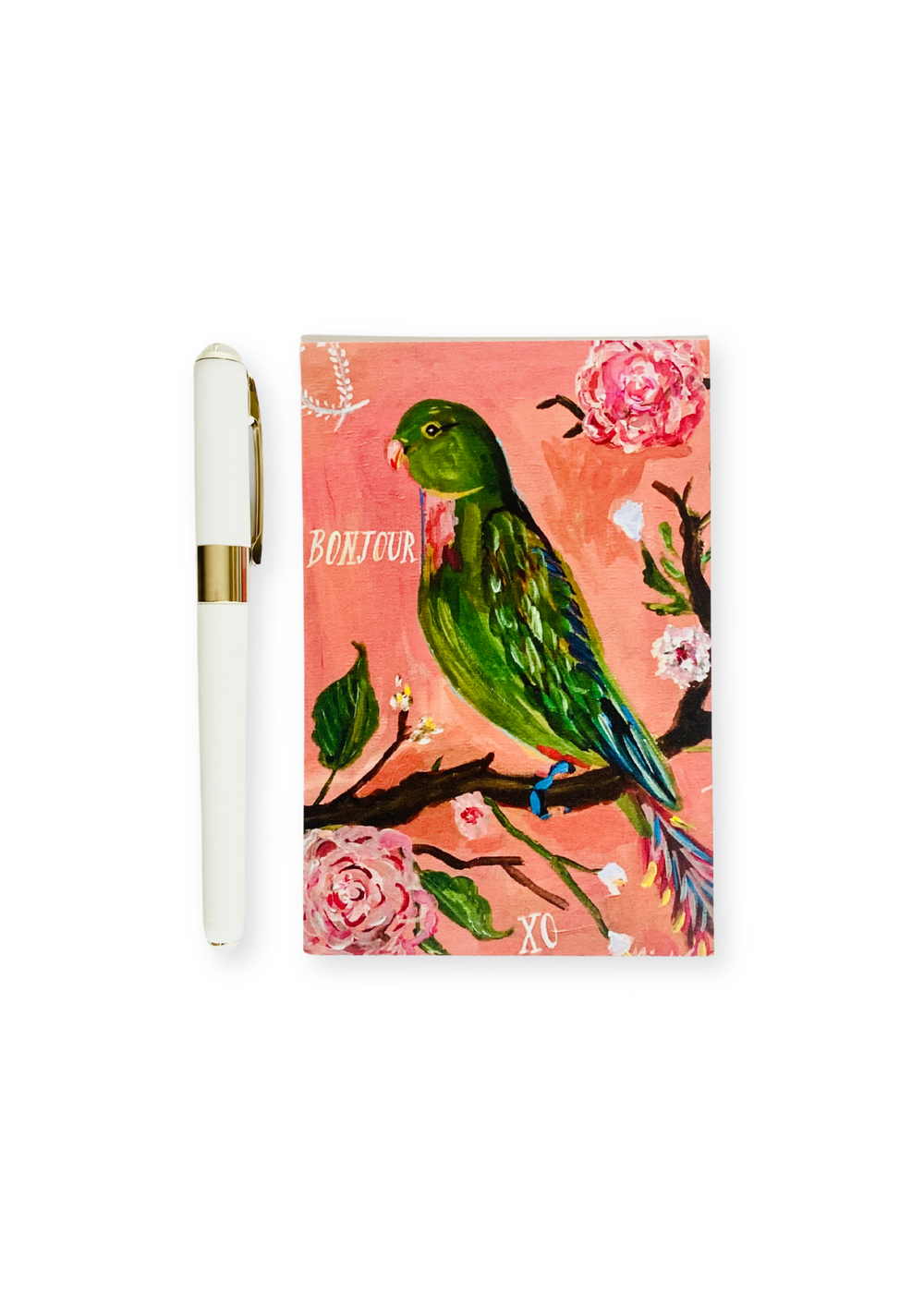 The Telegraph Hill set features the Bonjour Parakeet Postcard with a whimsical avian design and the White Monaco Pen from our esteemed collection. The pen offers black ink, a fine 0.5mm point, and a luxuriously soft touch for effortless, precise writing.