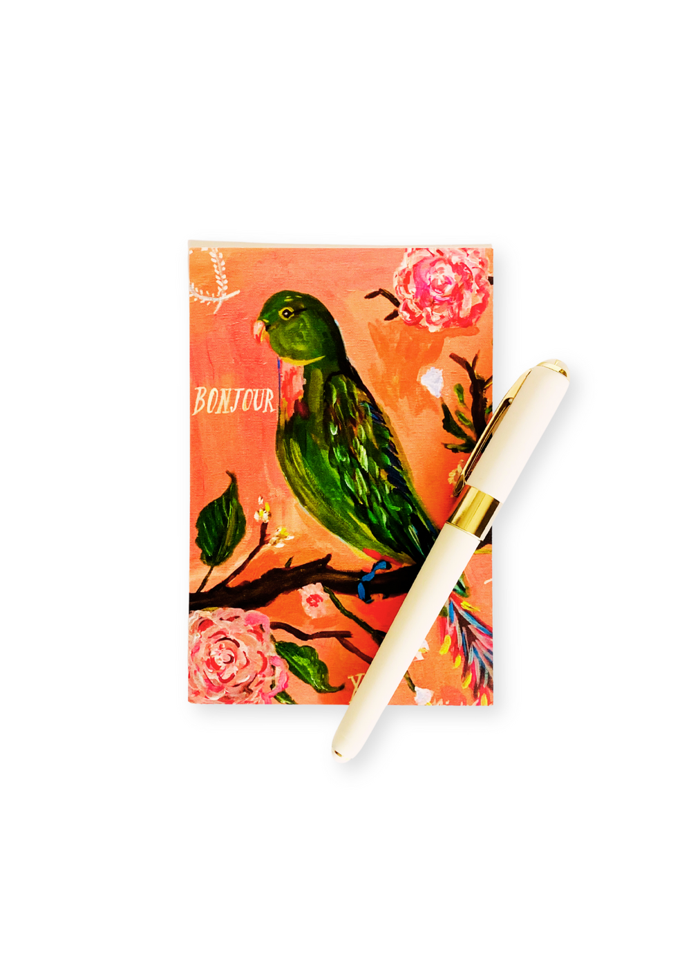 The Telegraph Hill set features the Bonjour Parakeet Postcard with a whimsical avian design and the White Monaco Pen from our esteemed collection. The pen offers black ink, a fine 0.5mm point, and a luxuriously soft touch for effortless, precise writing.