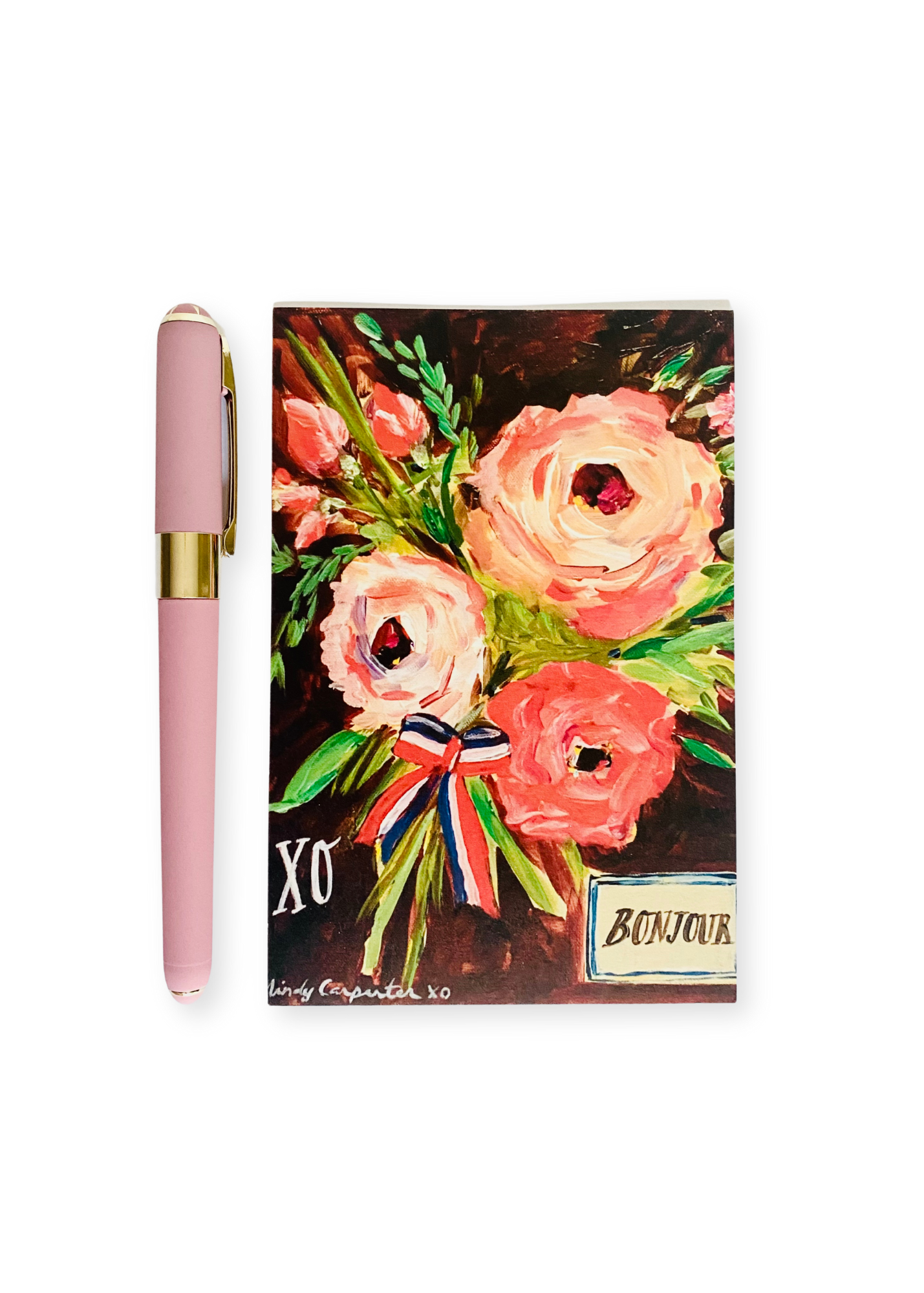 Monaco Pink Ballpoint Pen from the Dallas Blooms collection, featuring a 0.5mm fine point, soft-touch finish, and rich black ink for precise writing. Includes a La Vie En Rose postcard for added charm