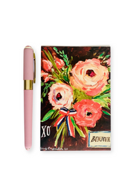 Monaco Pink Ballpoint Pen from the Dallas Blooms collection, featuring a 0.5mm fine point, soft-touch finish, and rich black ink for precise writing. Includes a La Vie En Rose postcard for added charm