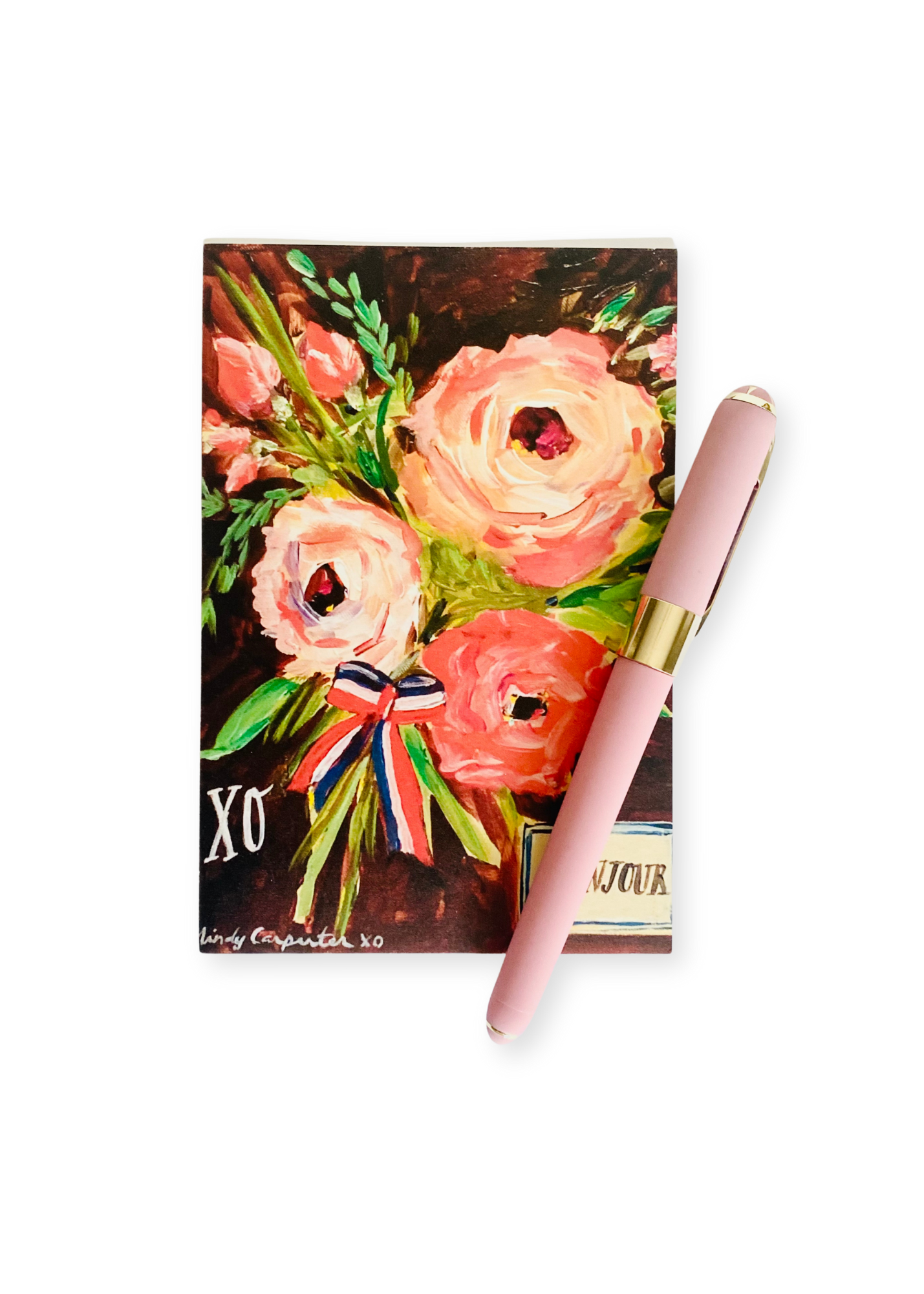 Monaco Pink Ballpoint Pen from the Dallas Blooms collection, featuring a 0.5mm fine point, soft-touch finish, and rich black ink for precise writing. Includes a La Vie En Rose postcard for added charm