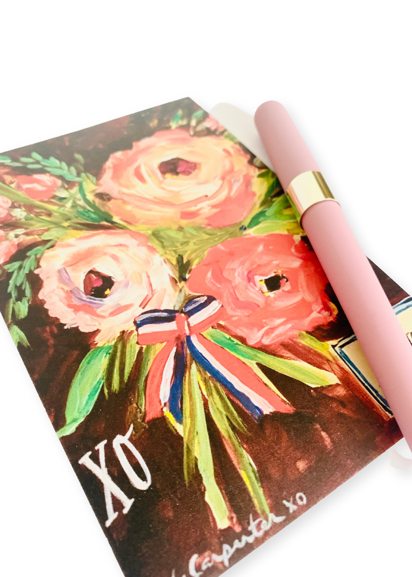 Monaco Pink Ballpoint Pen from the Dallas Blooms collection, featuring a 0.5mm fine point, soft-touch finish, and rich black ink for precise writing. Includes a La Vie En Rose postcard for added charm