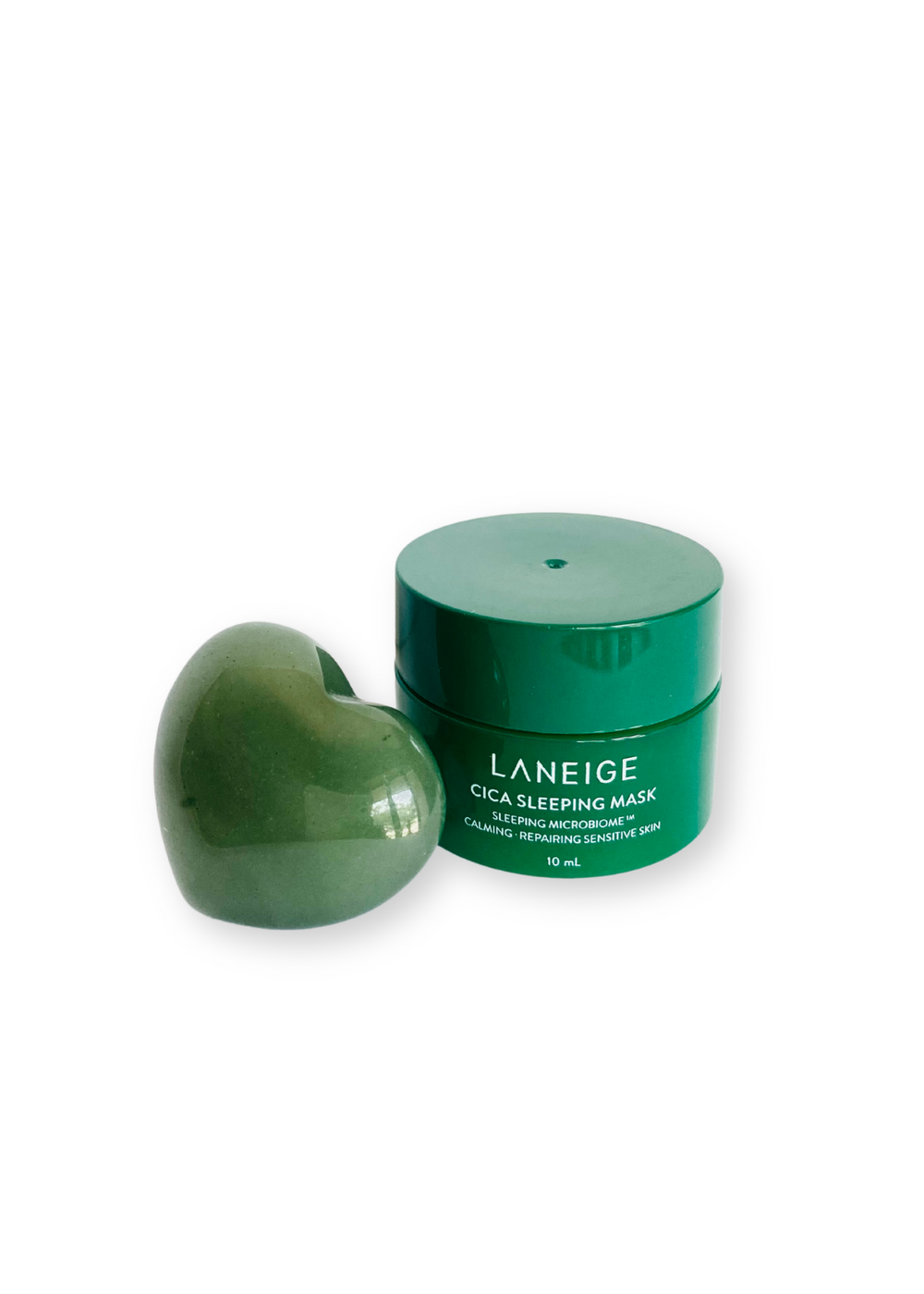 Skincare set featuring the Laneige Mini Cica Sleeping Mask Hypoallergenic Lotion with Forest Yeast for deep hydration and skin barrier support, paired with a Mini Gemstone Heart Pocket Stone for holistic wellness