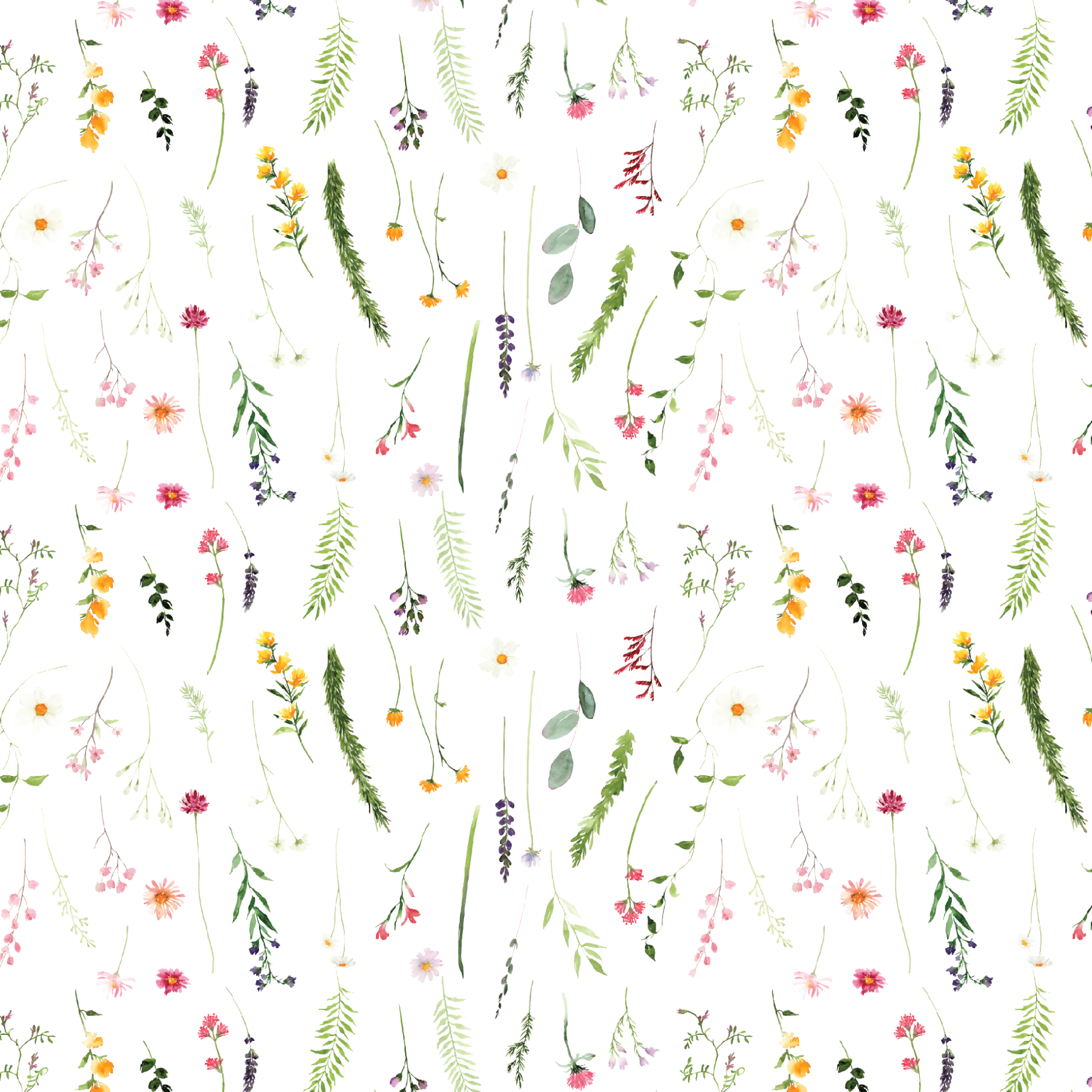 A charming watercolor floral pattern set against a white background. The design includes an array of colorful flowers and greenery, such as daisies, lavender, and ferns, scattered randomly to create a light and airy feel.