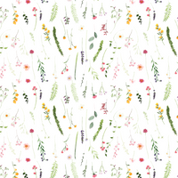 A charming watercolor floral pattern set against a white background. The design includes an array of colorful flowers and greenery, such as daisies, lavender, and ferns, scattered randomly to create a light and airy feel.